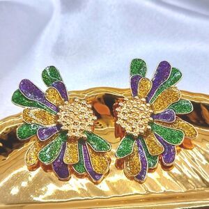 Mardi Gras Flower Earrings Green Purple Gold Rhinestone Crystal Stud | New